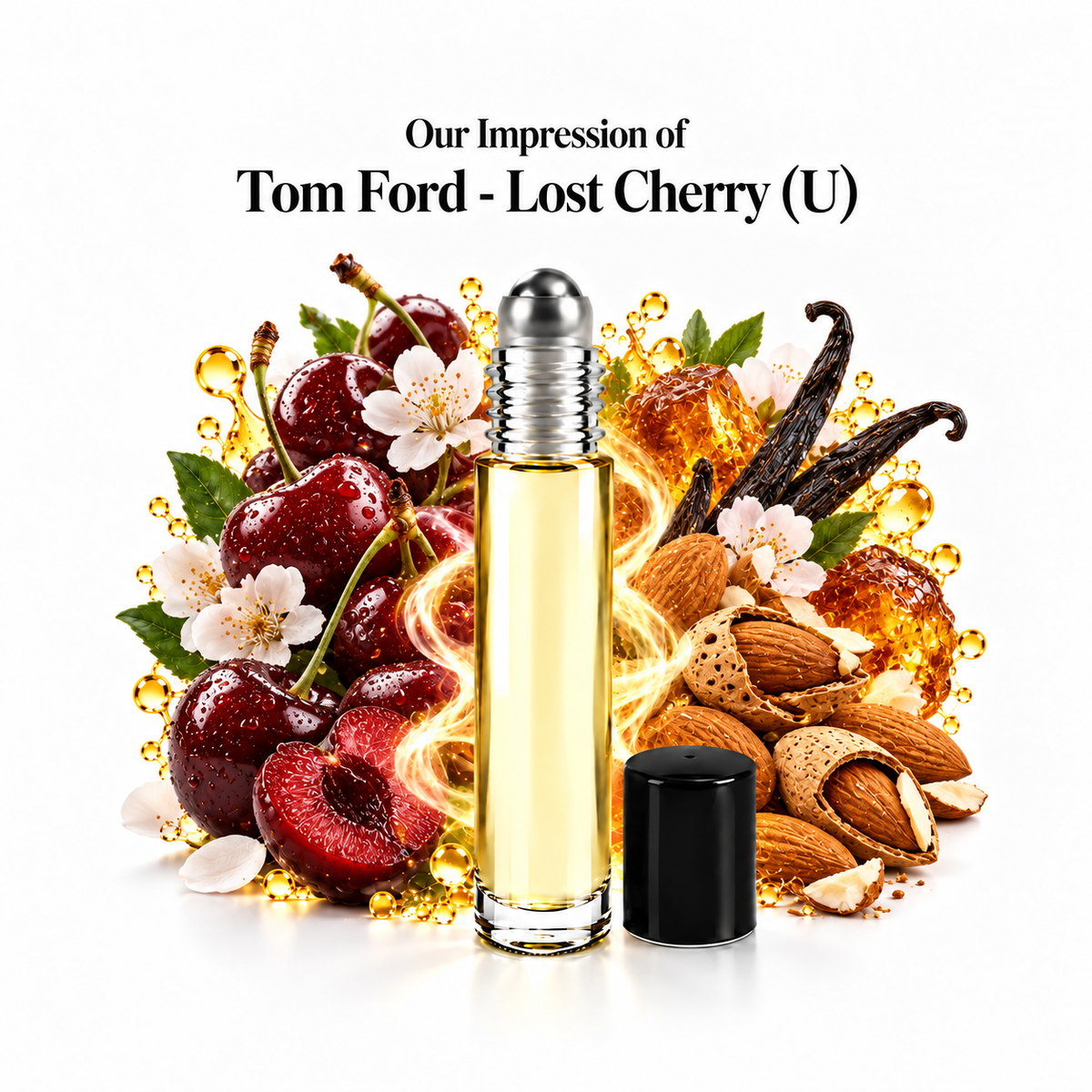 Our impression of Tom Ford - Lost Cherry Perfume Oil with fragrance notes on white
