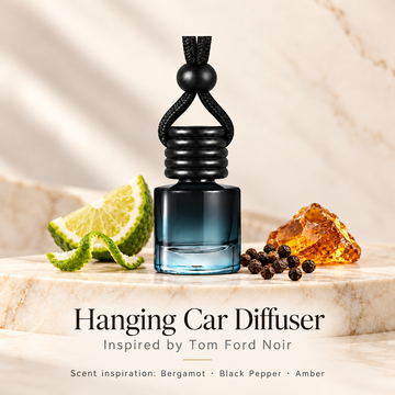 Hanging car diffuser inspired by Tom Ford Noir, with scent illustrations on warm ivory stone