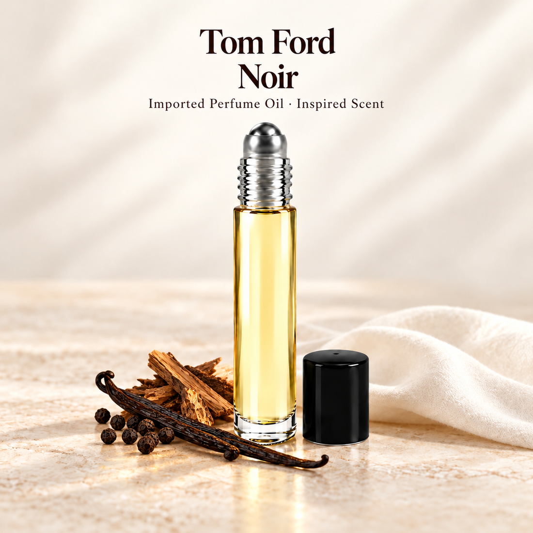 Tom Ford Noir Perfume Oil with minimal scent note accents on soft ivory