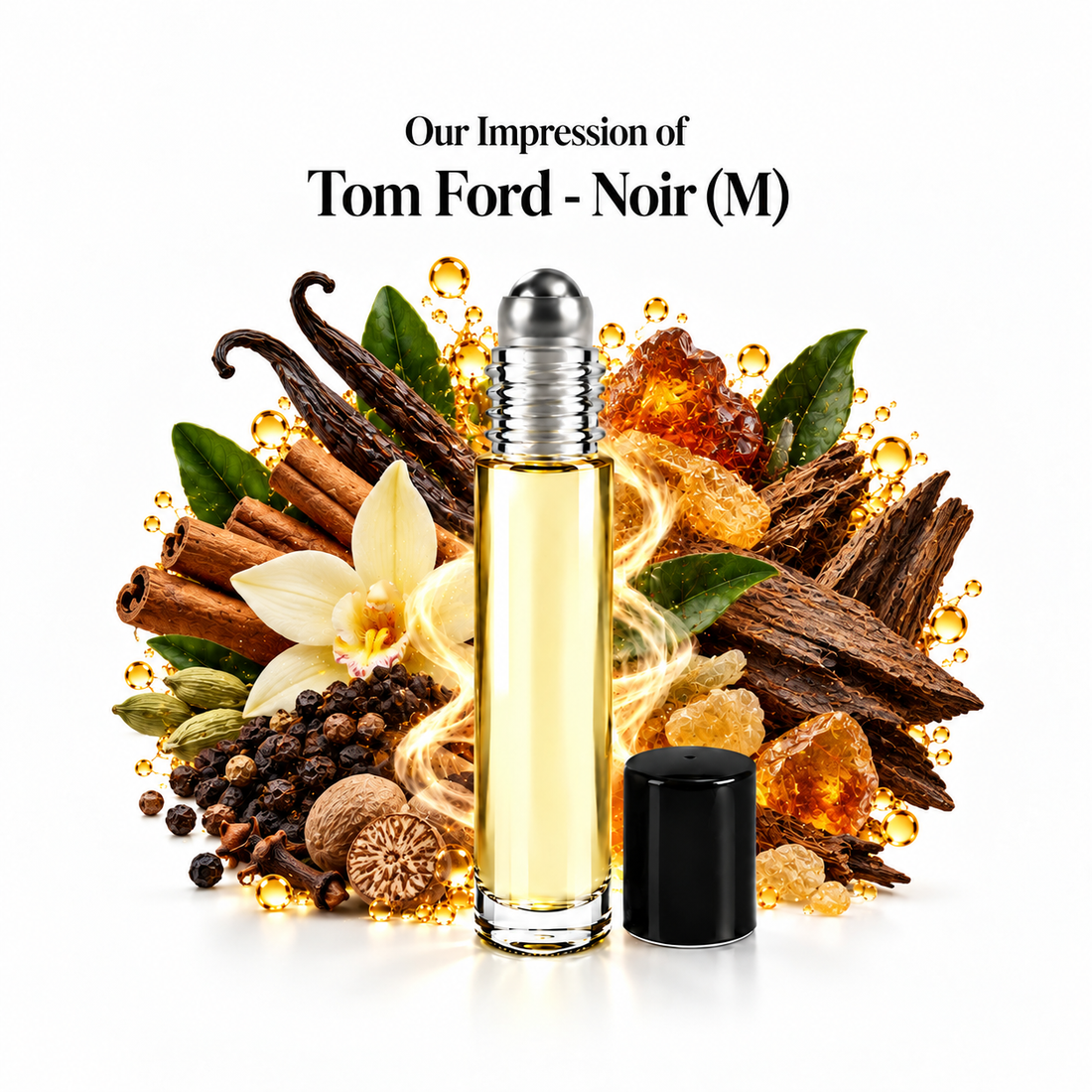 Our impression of Tom Ford - Noir Perfume Oil with fragrance notes on white