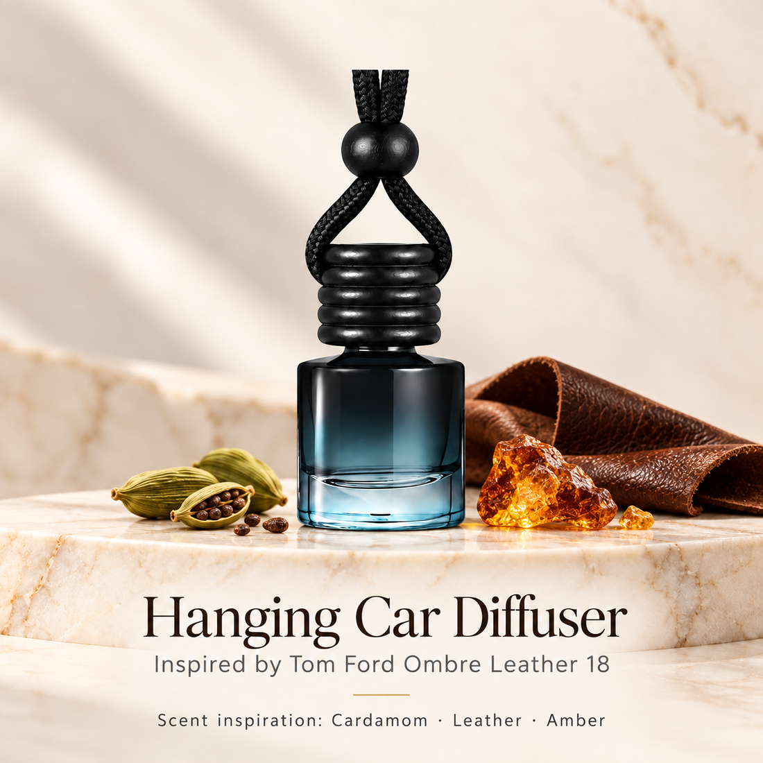 Hanging car diffuser inspired by Tom Ford Ombre Leather 18, with scent illustrations on warm ivory stone