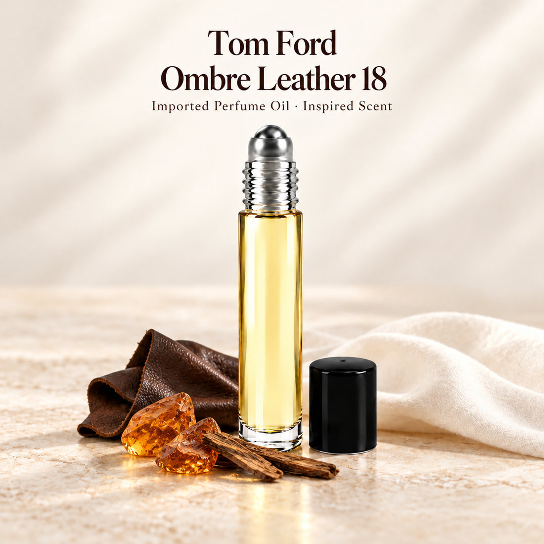 Tom Ford Ombre Leather 18 Perfume Oil with minimal scent note accents on soft ivory