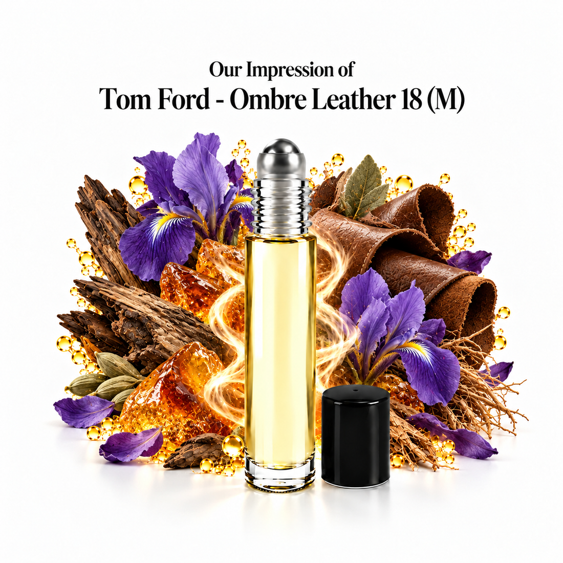 Our impression of Tom Ford - Ombre Leather 18 Perfume Oil with fragrance notes on white