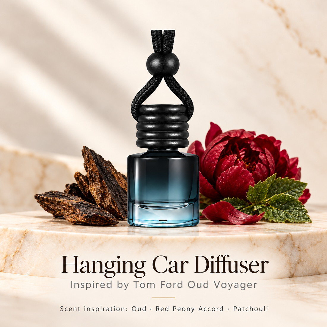 Hanging car diffuser inspired by Tom Ford Oud Voyager, with scent illustrations on warm ivory stone