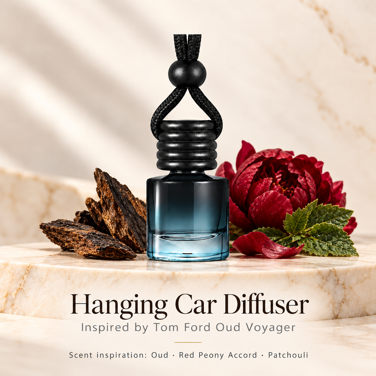 Hanging car diffuser inspired by Tom Ford Oud Voyager, with scent illustrations on warm ivory stone