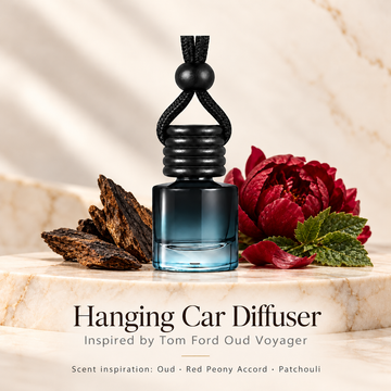 Hanging car diffuser inspired by Tom Ford Oud Voyager, with scent illustrations on warm ivory stone