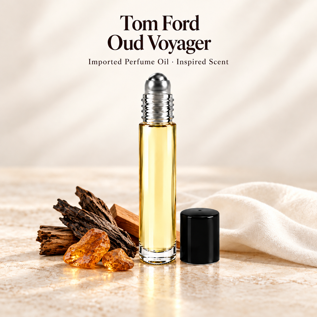 Tom Ford Oud Voyager Perfume Oil with minimal scent note accents on soft ivory