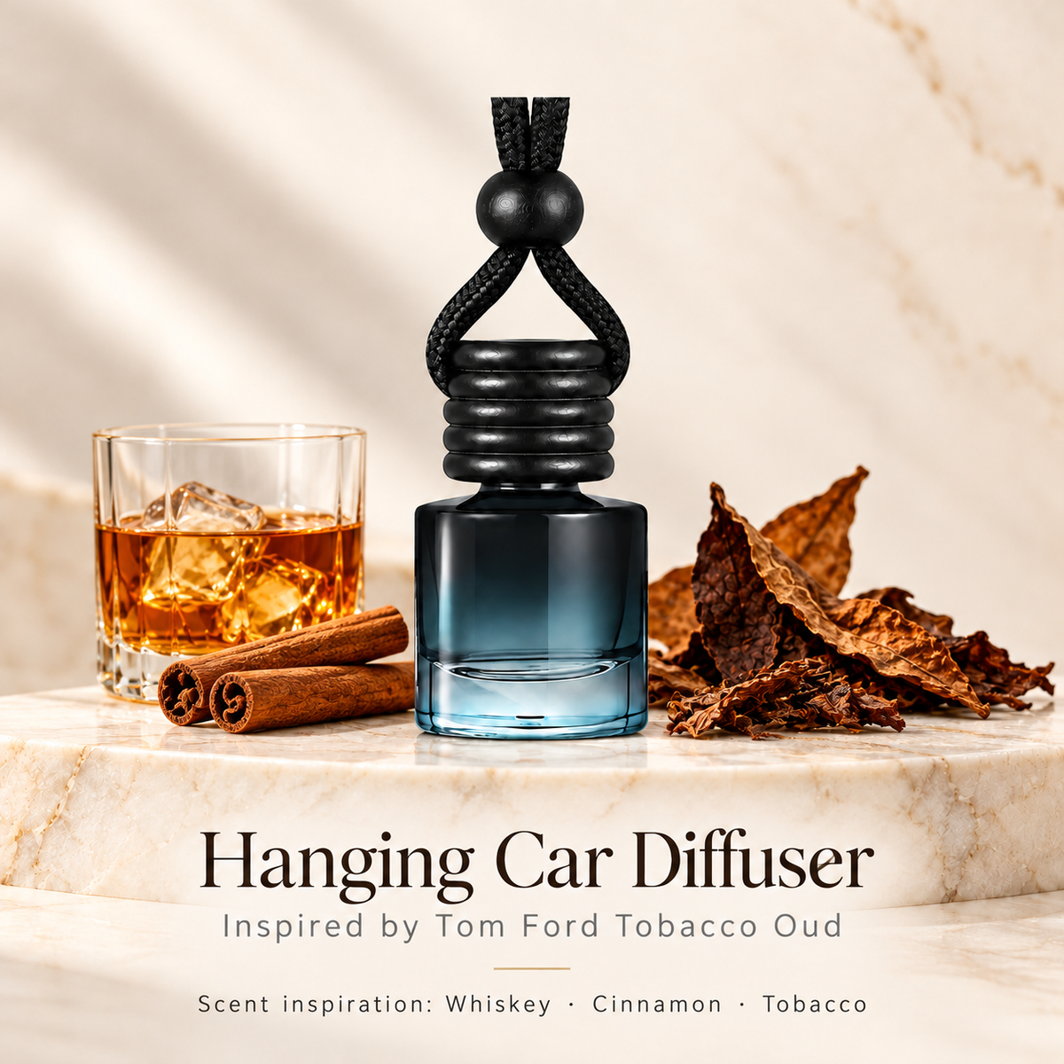 Hanging car diffuser inspired by Tom Ford Tobacco Oud, with scent illustrations on warm ivory stone