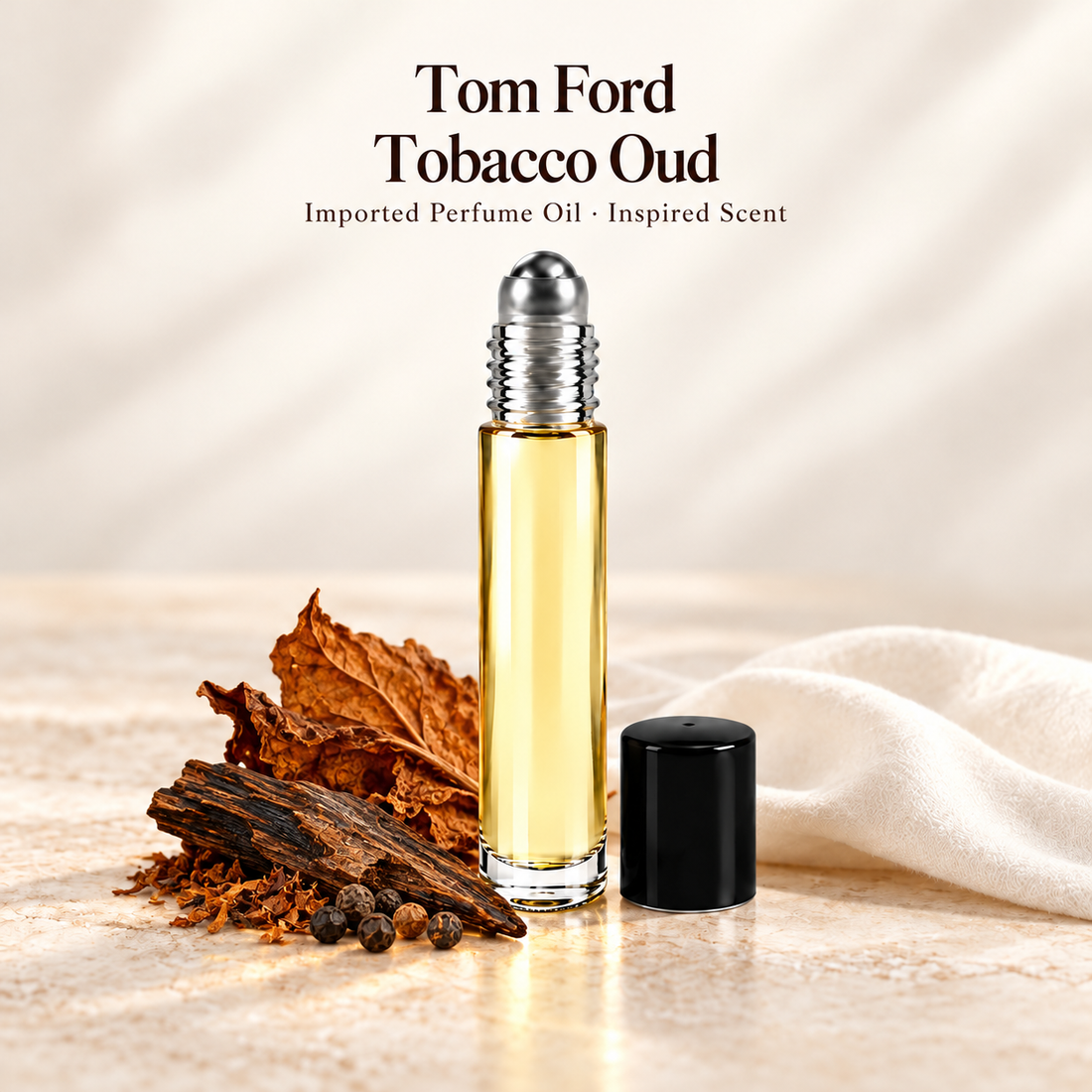 Tom Ford Tobacco Oud Perfume Oil with minimal scent note accents on soft ivory
