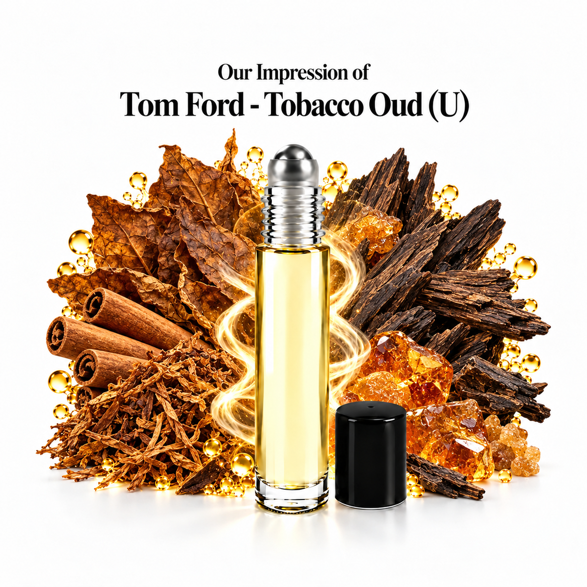 Our impression of Tom Ford - Tobacco Oud Perfume Oil with fragrance notes on white