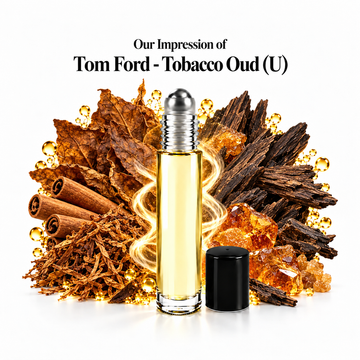 Our impression of Tom Ford - Tobacco Oud Perfume Oil with fragrance notes on white