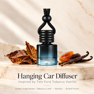 Hanging car diffuser inspired by Tom Ford Tobacco Vanille, with scent illustrations on warm ivory stone