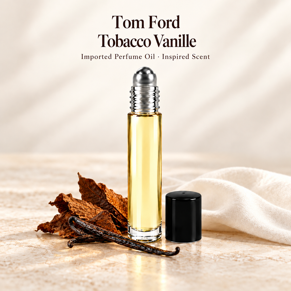 Tom Ford Tobacco Vanille Perfume Oil with minimal scent note accents on soft ivory