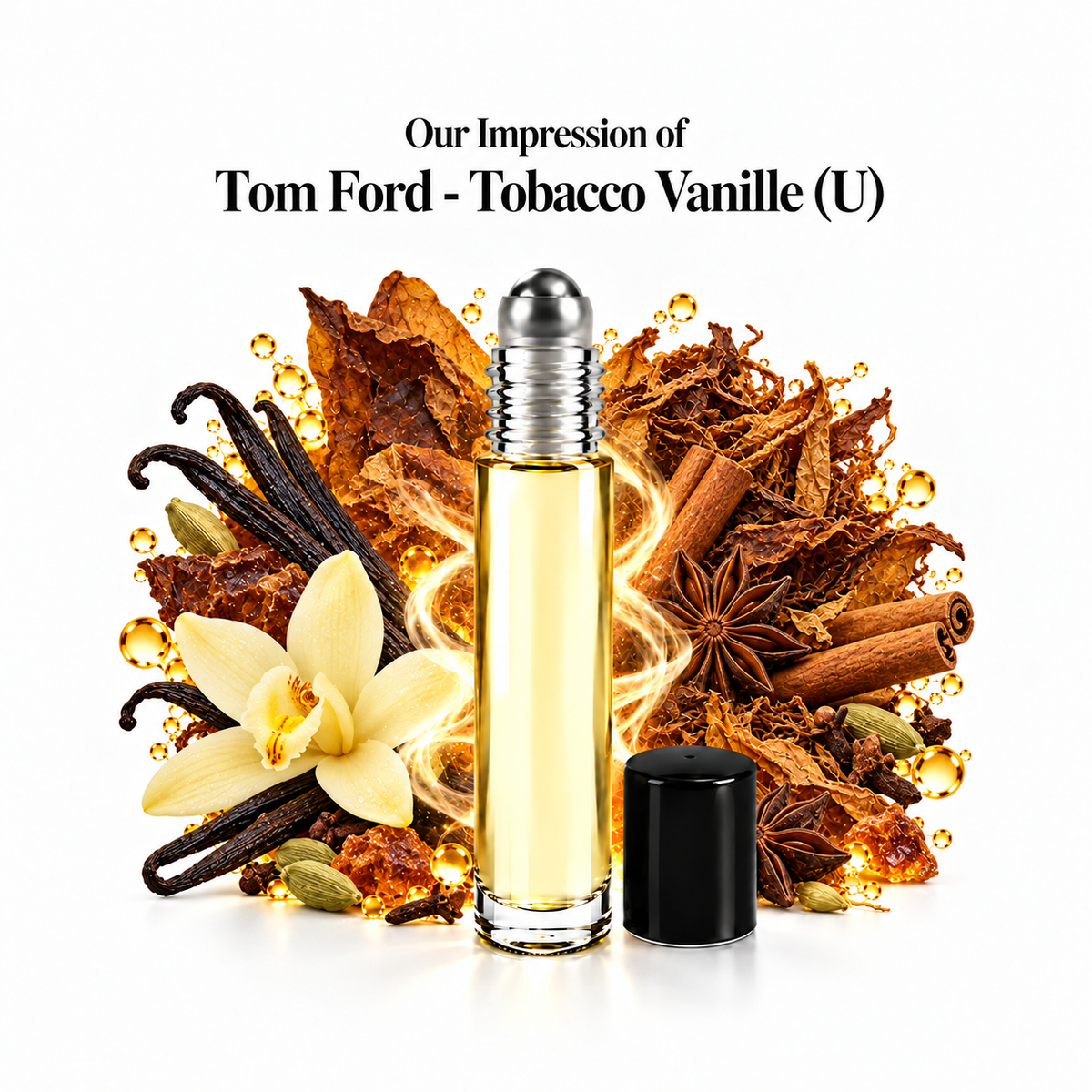 Our impression of Tom Ford - Tobacco Vanille Perfume Oil with fragrance notes on white