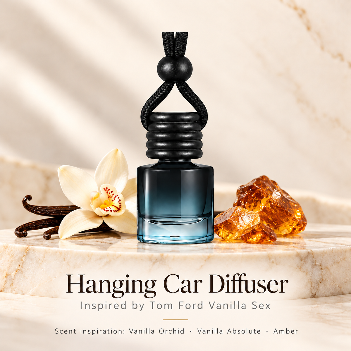 Hanging car diffuser inspired by Tom Ford Vanilla Sex, with scent illustrations on warm ivory stone