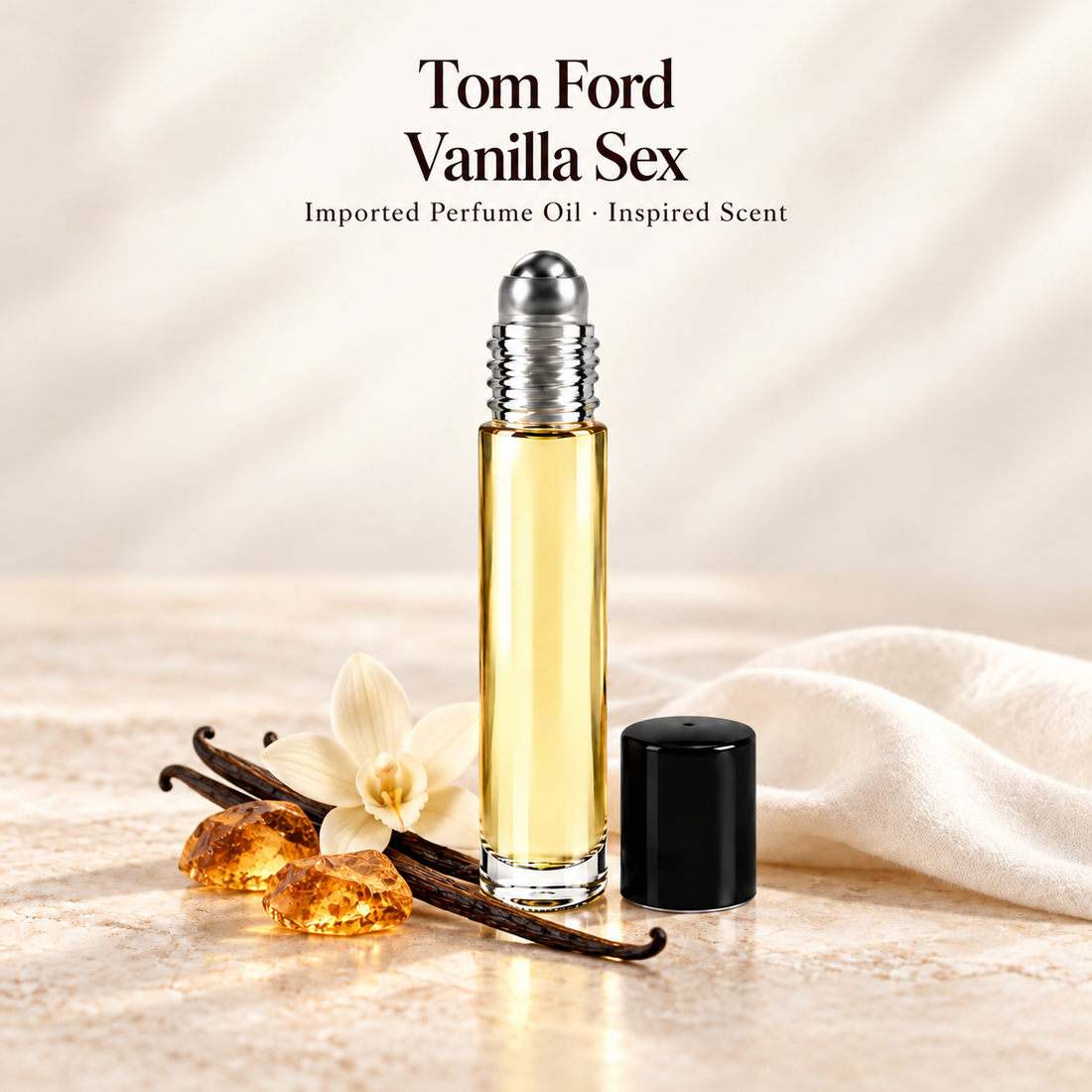 Tom Ford Vanilla Sex Perfume Oil with minimal scent note accents on soft ivory