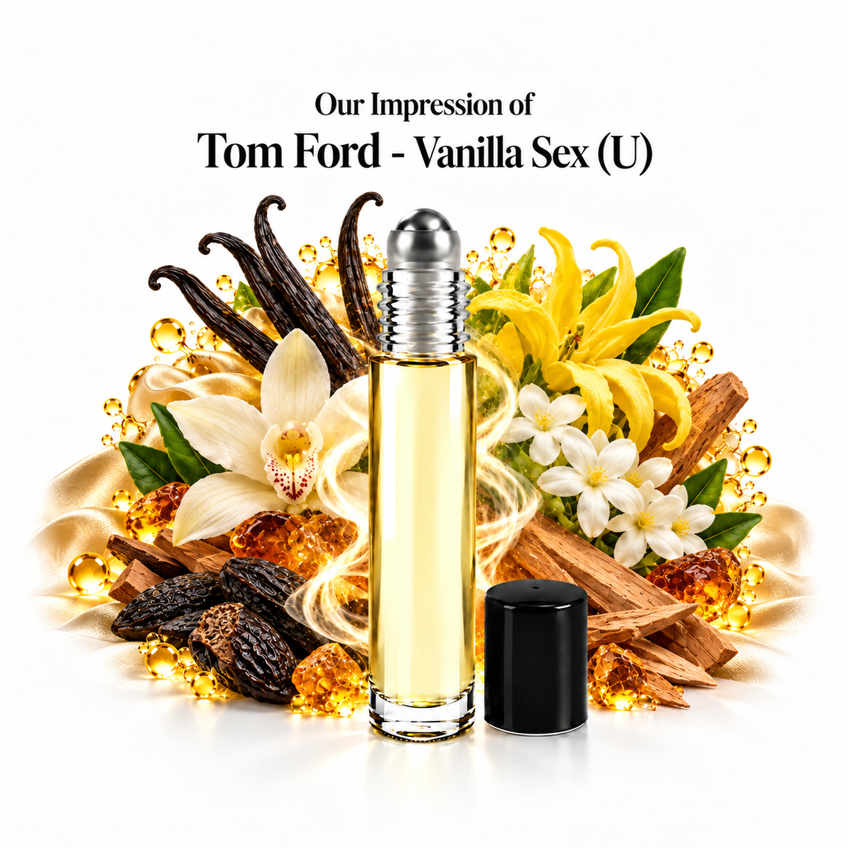 Our impression of Tom Ford - Vanilla Sex Perfume Oil with fragrance notes on white