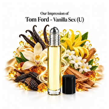 Our impression of Tom Ford - Vanilla Sex Perfume Oil with fragrance notes on white