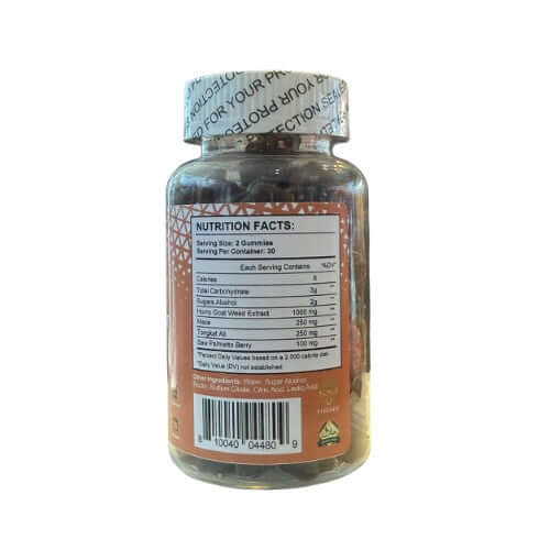 Bottle of Tongkat Ali & Horny Goat Weed Gummies herbal supplement showing nutrition facts label.