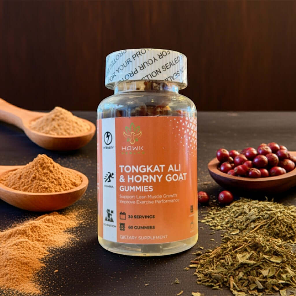 Tongkat Ali & Horny Goat Weed Gummies bottle with herbal ingredients on display