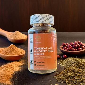Tongkat Ali & Horny Goat Weed Gummies bottle with herbal ingredients on display