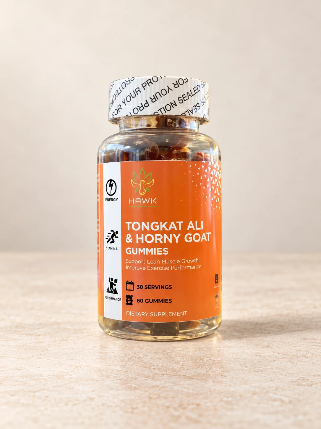 Tongkat Ali & Horny Goat Weed Gummies 30 DAY product packaging on a warm ivory background