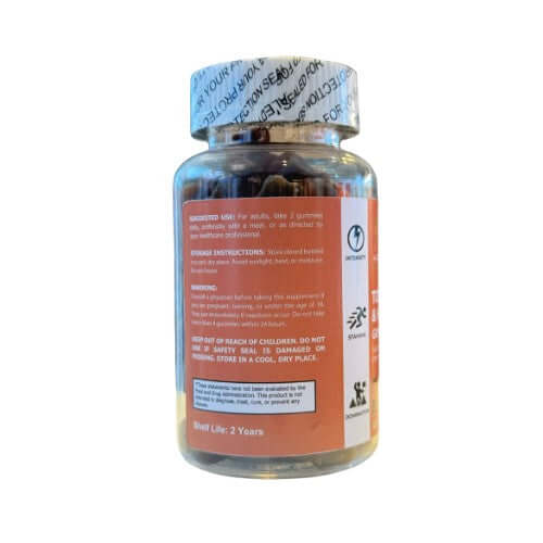 Bottle of Tongkat Ali & Horny Goat Weed Gummies herbal supplement, 60 count, side view showing ingredients and instructions.