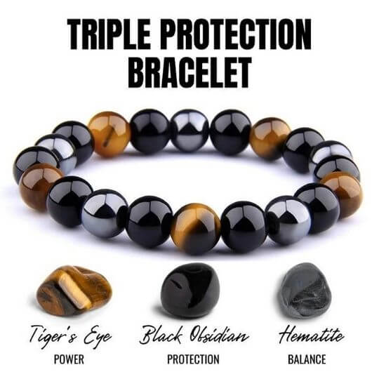 Triple Protection Crystal Bracelet with Black Obsidian, Tiger’s Eye, and Hematite Beads.