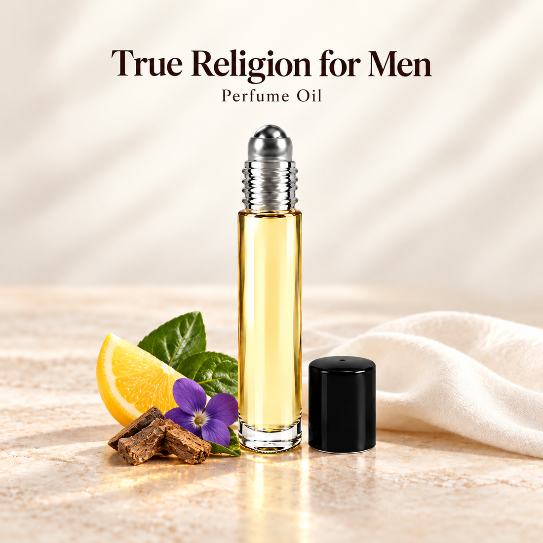 True Religion for Men Perfume Oil with simple scent note accents on soft ivory