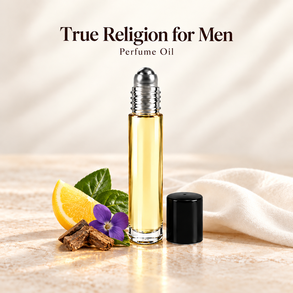 True Religion for Men Perfume Oil with simple scent note accents on soft ivory