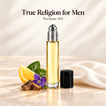 True Religion for Men Perfume Oil with simple scent note accents on soft ivory