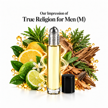 True Religion for Men Perfume Oil roll-on with scent-note imagery