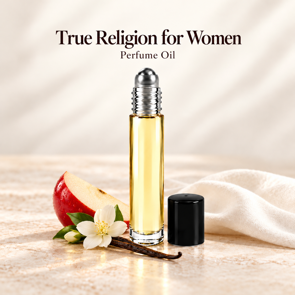 True Religion for Women Perfume Oil with simple scent note accents on soft ivory