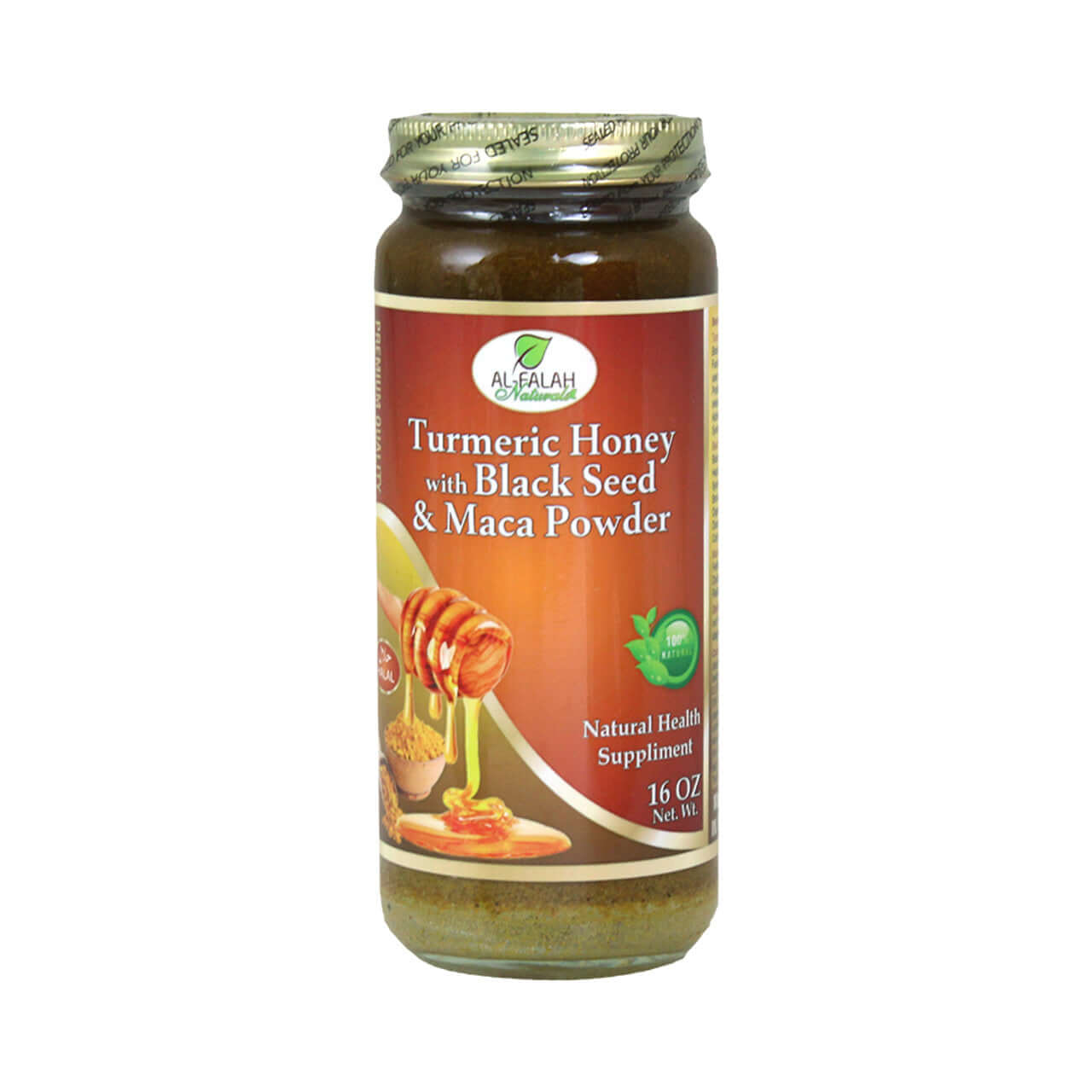 Jar of Turmeric Black Seed & Maca Herbal Honey on a clean white counter.
