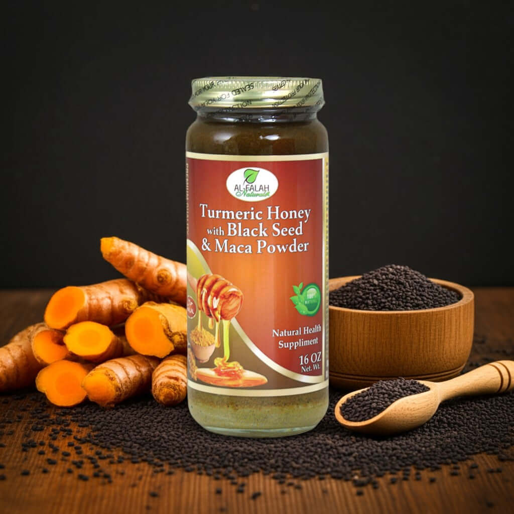Wooden spoon drizzling Turmeric Black Seed & Maca Herbal Honey, surrounded by turmeric root and herbs.