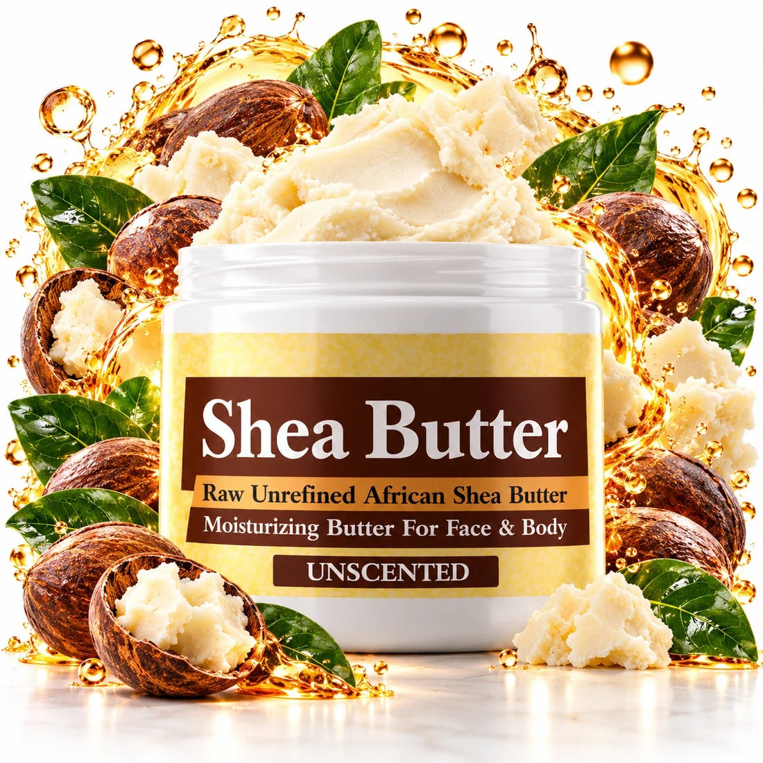 Unscented Raw African Shea Butter in white plastic jar with yellow and brown label, raw shea nuts, leaves and golden halo. No added perfume.