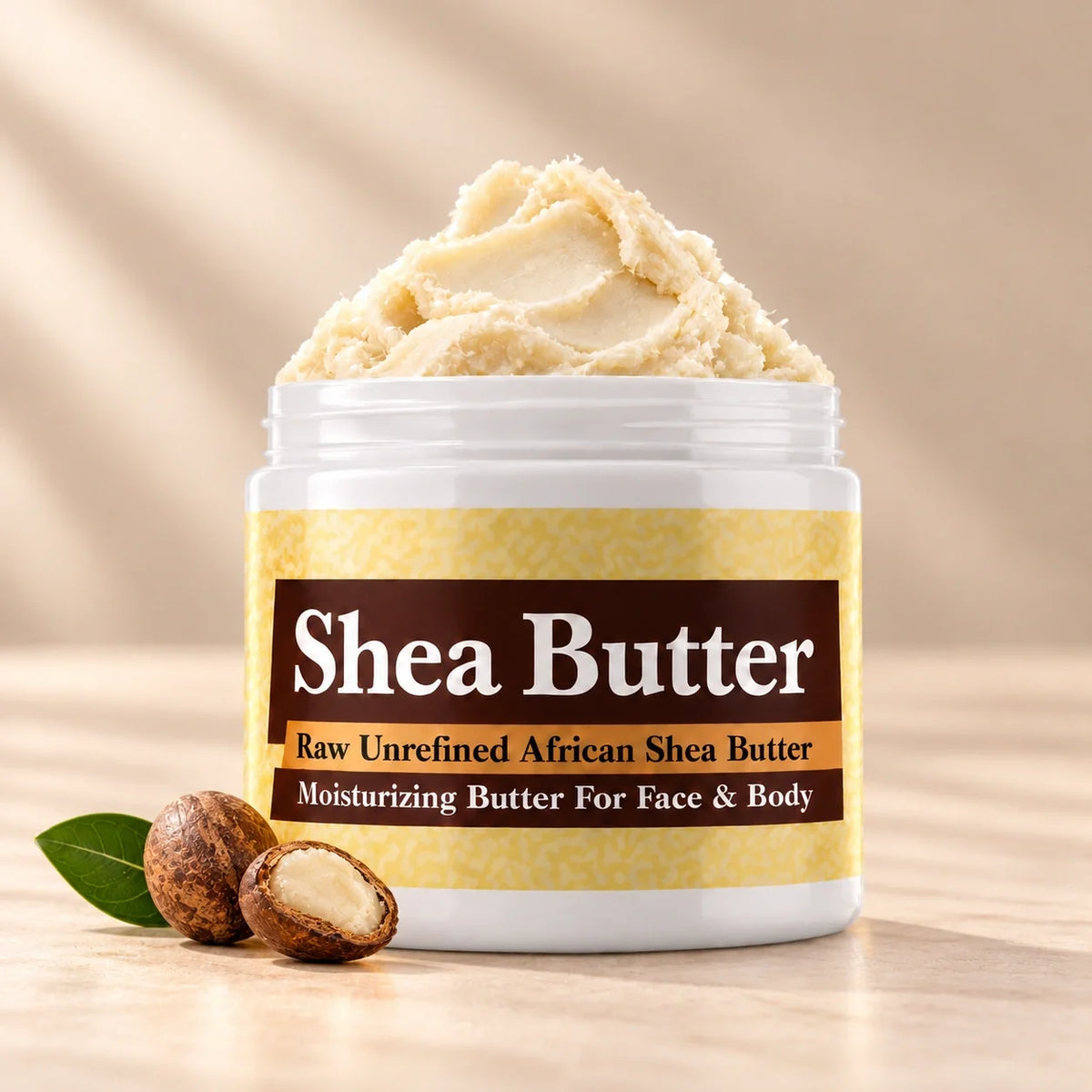 Unscented Raw African Shea Butter in an open white jar with textured ivory shea butter and subtle scent accents on a soft cream background.