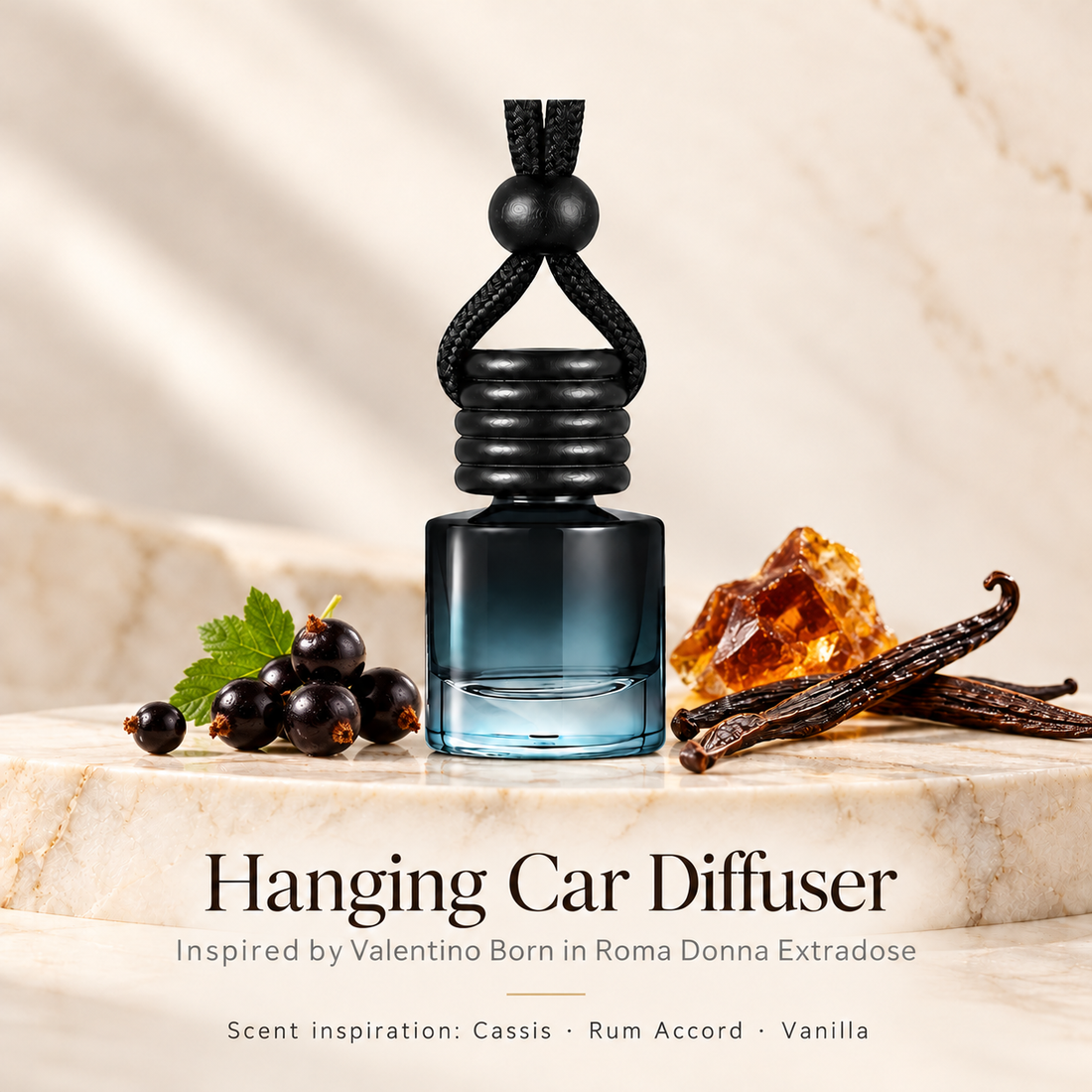 Hanging car diffuser inspired by Valentino Born in Roma Donna Extradose, with scent illustrations on warm ivory stone