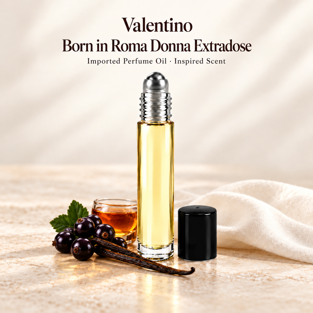 Valentino Born in Roma Donna Extradose Perfume Oil with minimal scent note accents on soft ivory