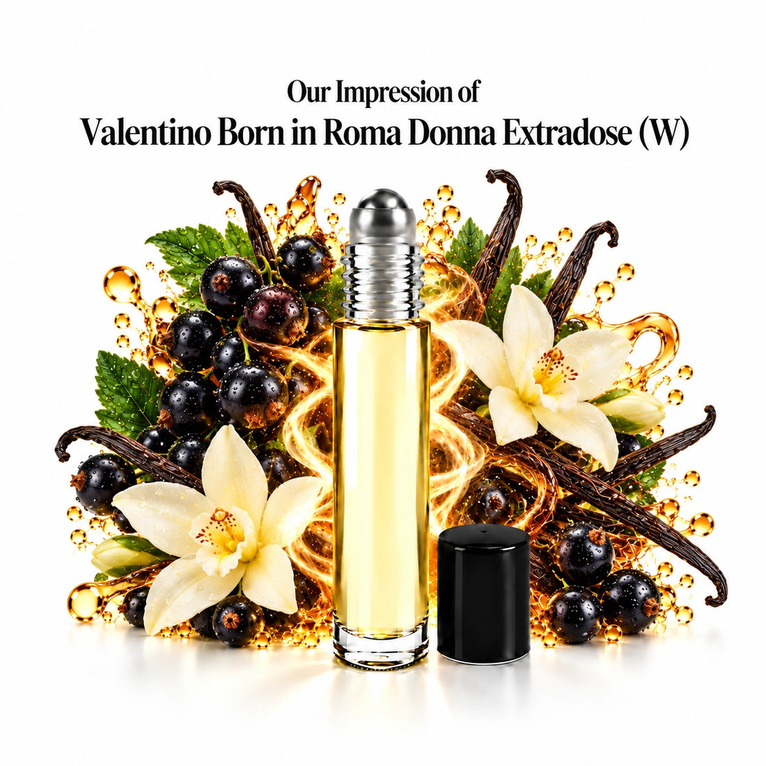 Our impression of Valentino Born in Roma Donna Extradose perfume oil with fragrance notes on white