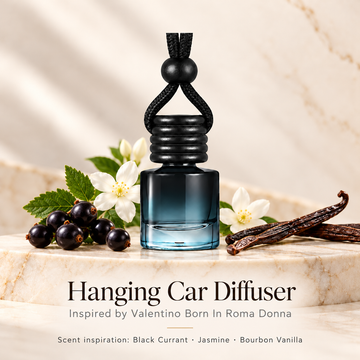 Hanging car diffuser inspired by Valentino Born In Roma Donna, with scent illustrations on warm ivory stone