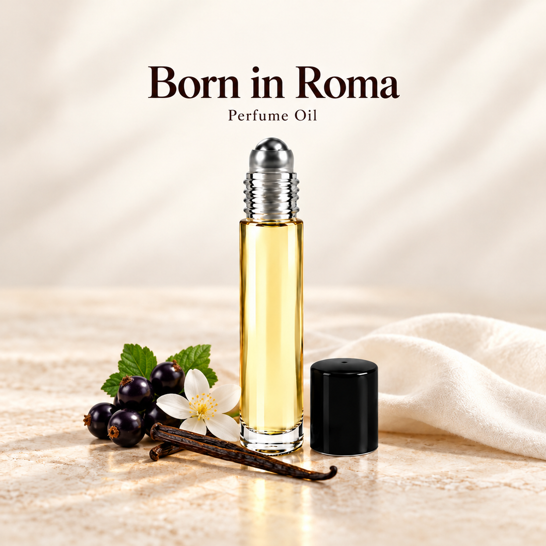 Valentino Born in Roma Perfume Oil with simple scent note accents on soft ivory