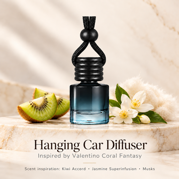 Hanging car diffuser inspired by Valentino Coral Fantasy, with scent illustrations on warm ivory stone