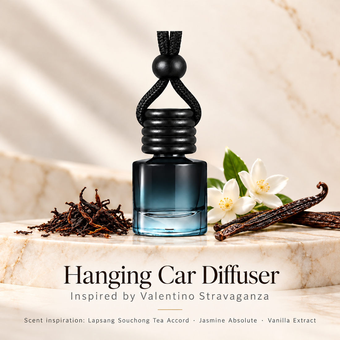 Hanging car diffuser inspired by Valentino Stravaganza, with scent illustrations on warm ivory stone