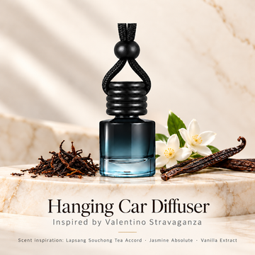Hanging car diffuser inspired by Valentino Stravaganza, with scent illustrations on warm ivory stone