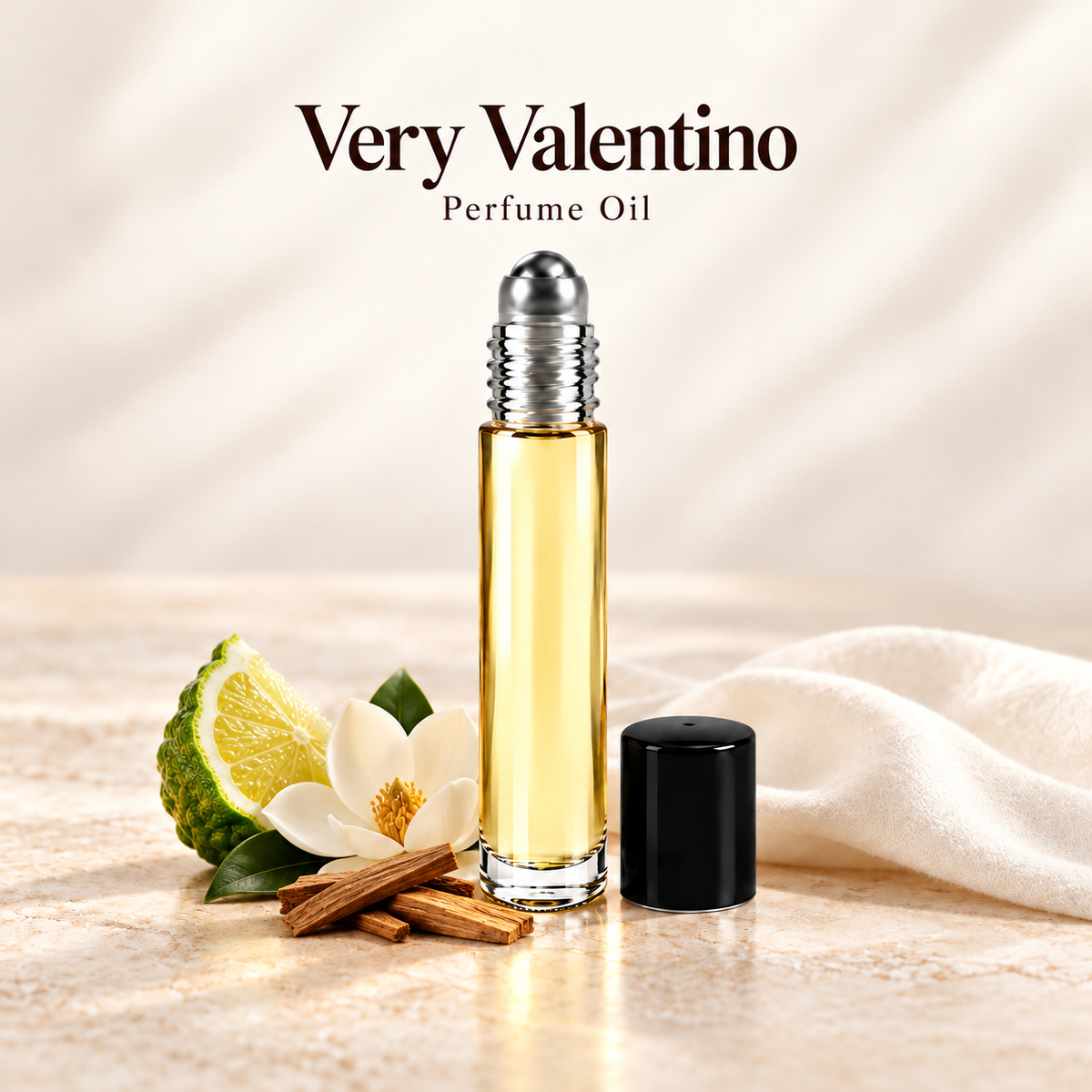 Valentino Very Valentino Perfume Oil with simple scent note accents on soft ivory