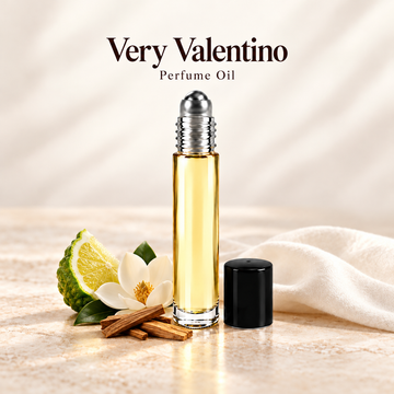 Valentino Very Valentino Perfume Oil with simple scent note accents on soft ivory