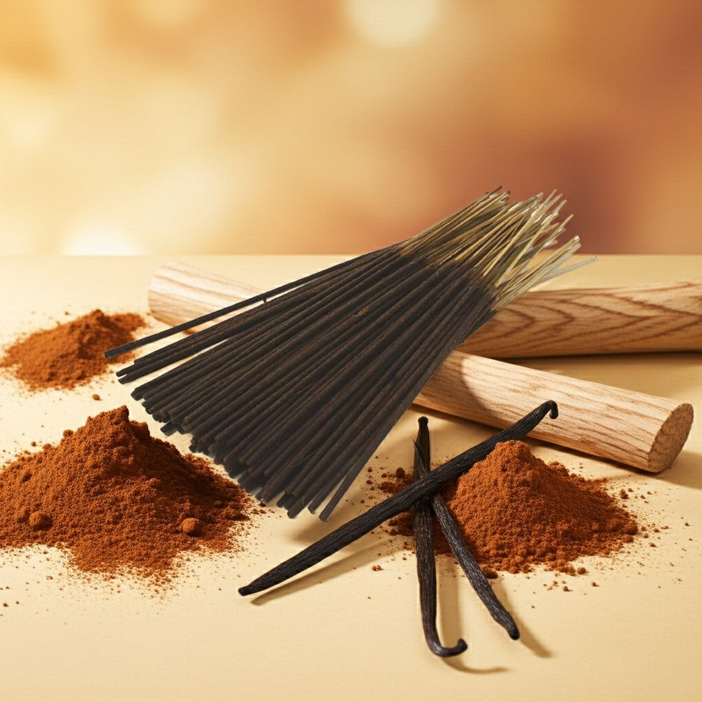 Vanilla Bean Incense Sticks in the center with vanilla around and powder