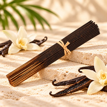 Vanilla Bean Incense Sticks with vanilla pods and flowers.