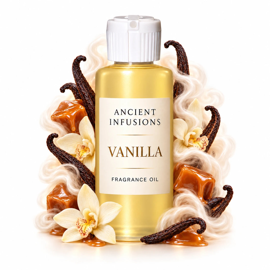 Vanilla fragrance oil by Ancient Infusions, with pale yellow oil and a tight halo representing vanilla bean, caramel, musk.